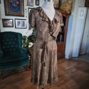 JBS Petite Animal Print Sheer Ruffle Dress Tan Black Short Sleeve